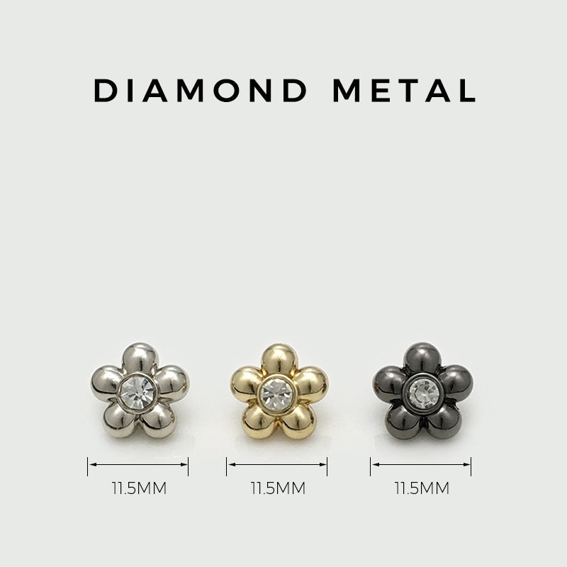 Botones de camisa metálicos de flor de diamante negro, plata y oro de 11 mm, 30 piezas