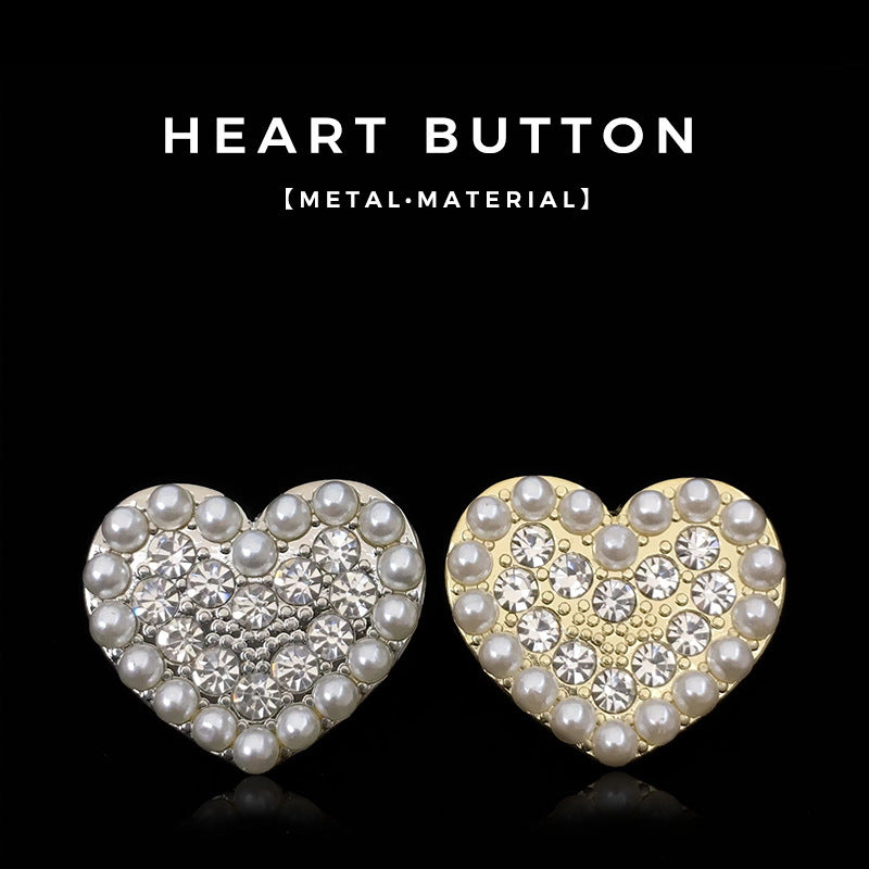 15/20/22.5mm Heart Shaped Metal Buttons with Diamonds Pearls 20PCS