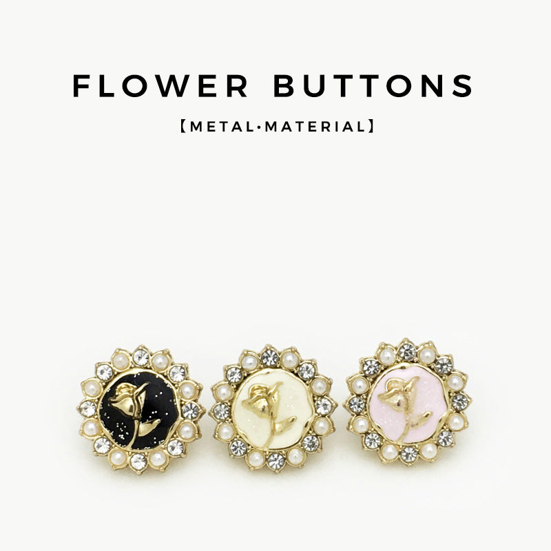 12mm Diamond-Encrusted Pearl Rose Metal Shirt Buttons 20pcs