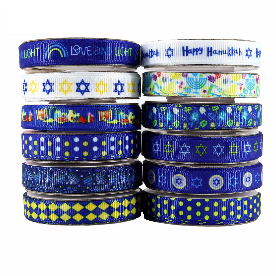 10 mm Hanukkah-nauha, jossa on Daavidin tähti, menorah, dreidel, 12 pakkausta