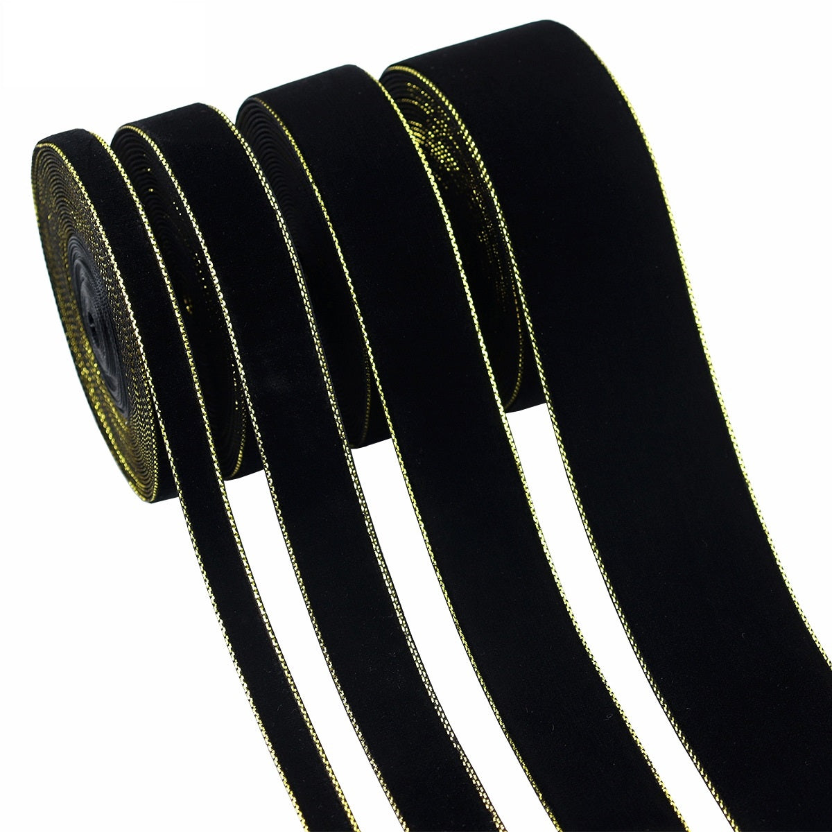 Rouleaux de Velours Noir et Or de 10/19/25/38mm - Pack de 4 Tailles