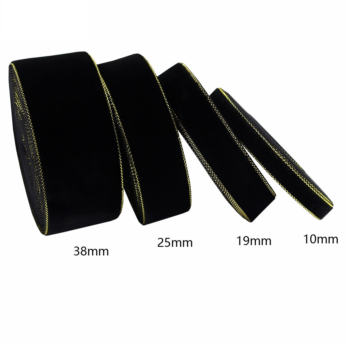 Rouleaux de Velours Noir et Or de 10/19/25/38mm - Pack de 4 Tailles