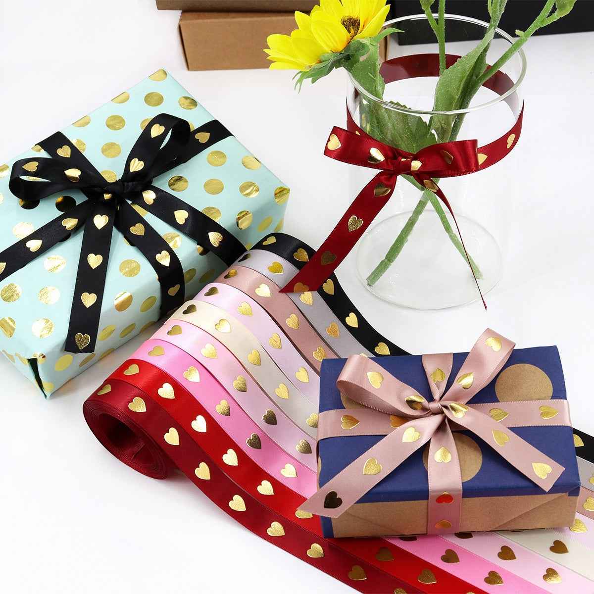 16mm Heart Hot Stamping Valentine's Day Ribbon 9 Colors Pack - Lots of Buttons