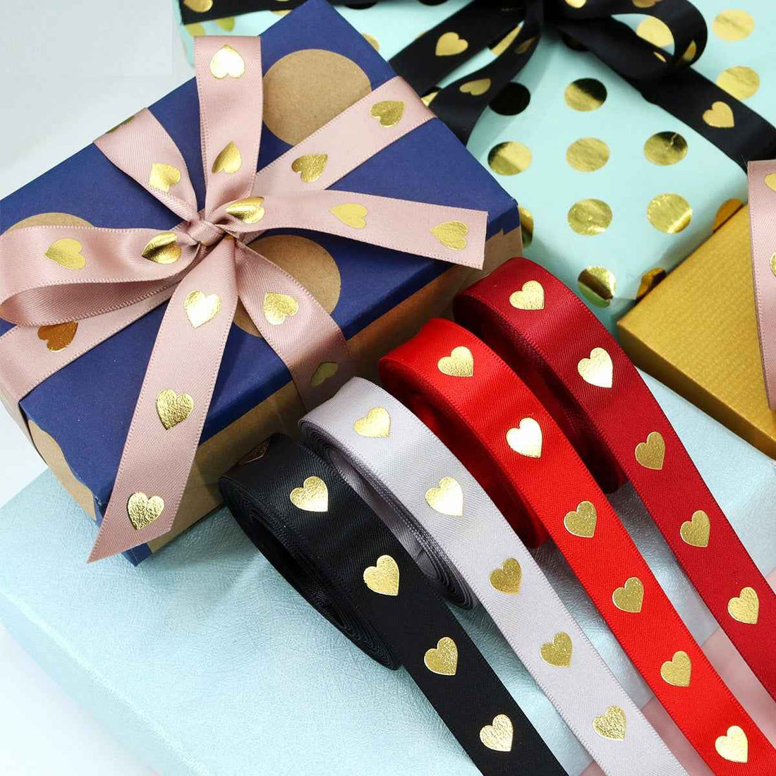 16mm Heart Hot Stamping Valentine's Day Ribbon 9 Colors Pack - Lots of Buttons