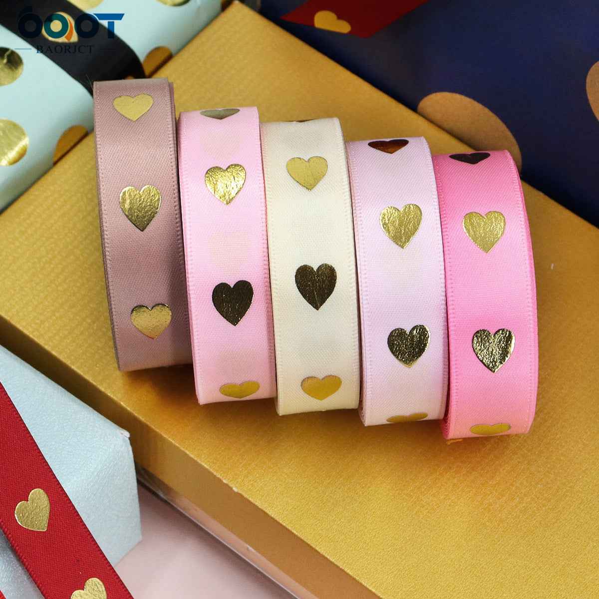 16mm Heart Hot Stamping Valentine's Day Ribbon 9 Colors Pack - Lots of Buttons