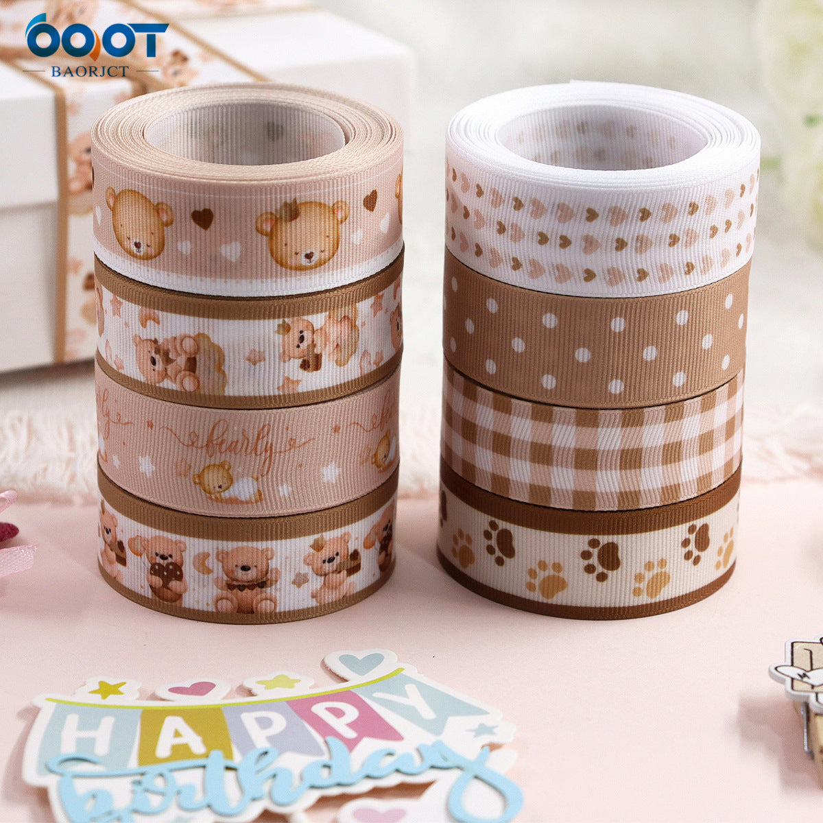 Cinta para Baby Shower de Oso Marrón de 22 mm 8 Paquetes 40 Yardas