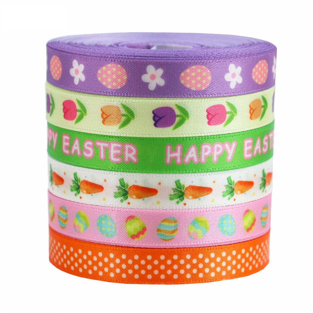 Cinta de satén de 10 mm para Pascua, huevos coloridos y zanahorias, paquete de 6