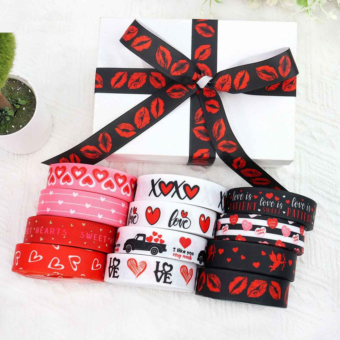 22mm Valentine's Day Themed Ribbon 12 Pack 60 Yards - Lots of Buttons