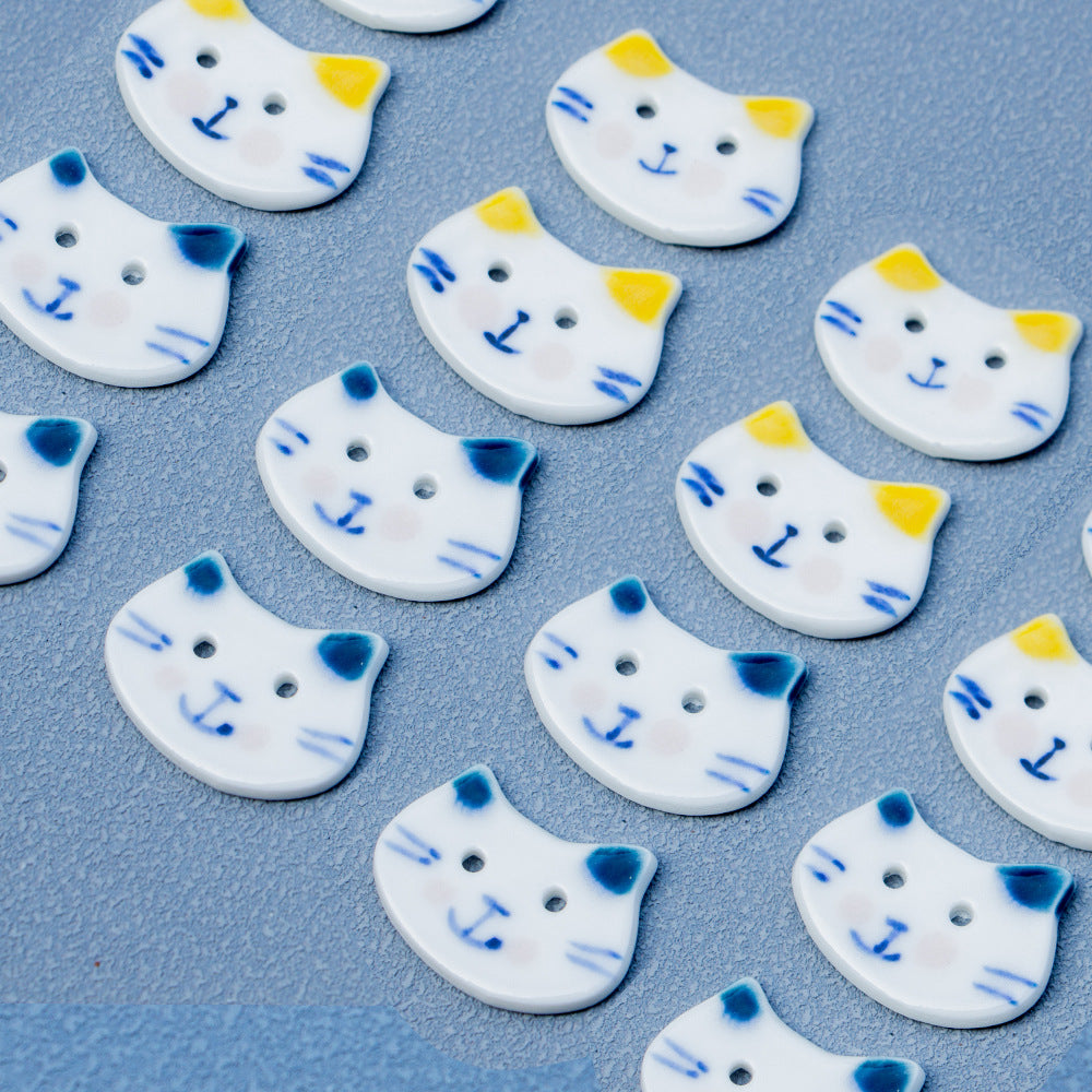30mm Bottoni in Ceramica a 2 Fori Piccolo Blu Bianco Gatto con Grande Faccia Dipinti a Mano 10PCS