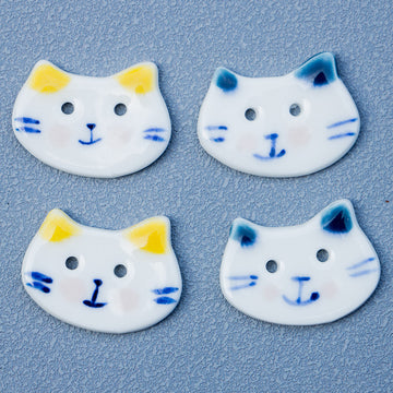 30mm Bottoni in Ceramica a 2 Fori Piccolo Blu Bianco Gatto con Grande Faccia Dipinti a Mano 10PCS