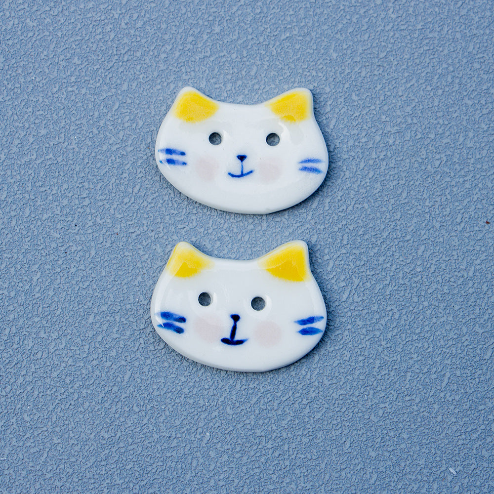 30mm Bottoni in Ceramica a 2 Fori Piccolo Blu Bianco Gatto con Grande Faccia Dipinti a Mano 10PCS