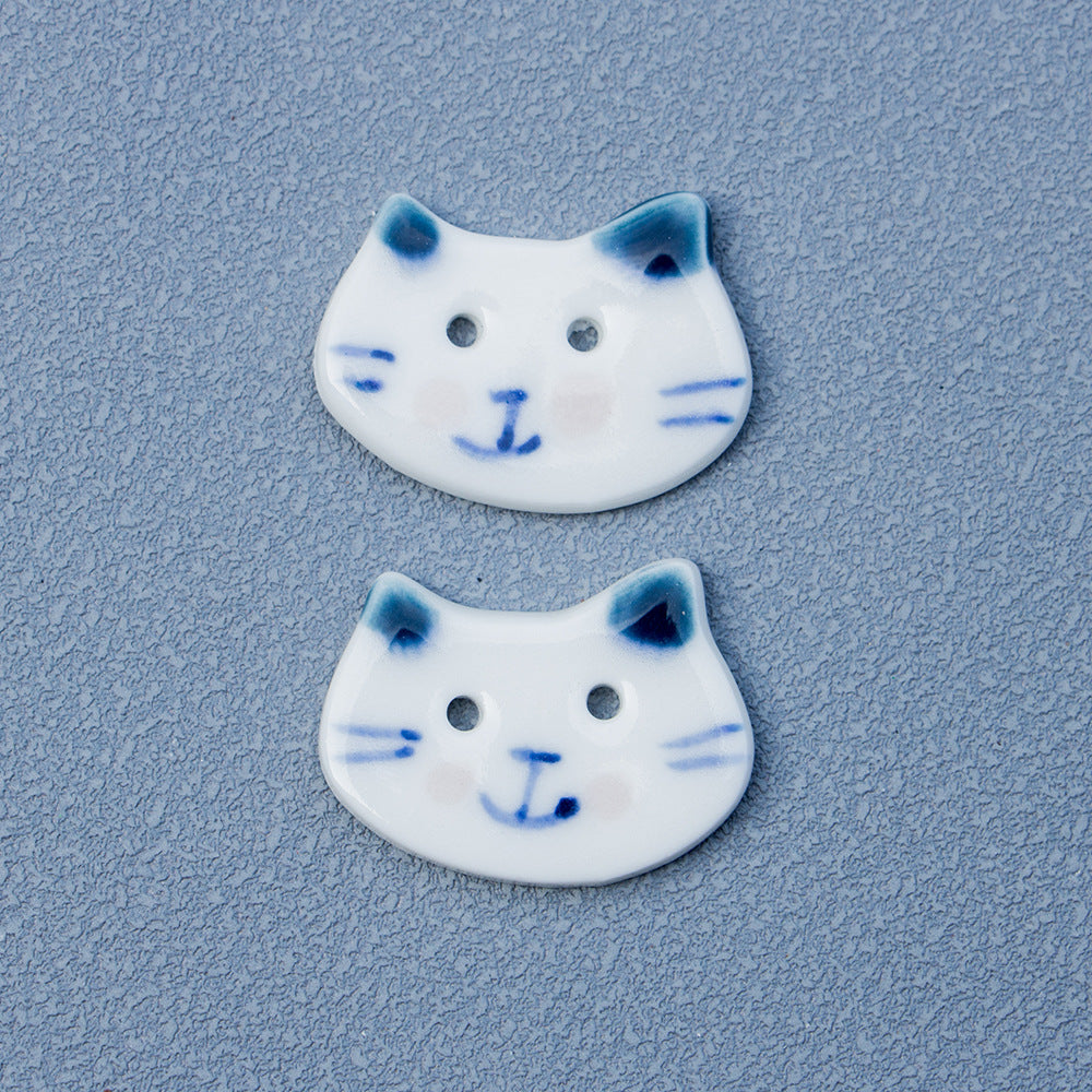 30mm Bottoni in Ceramica a 2 Fori Piccolo Blu Bianco Gatto con Grande Faccia Dipinti a Mano 10PCS