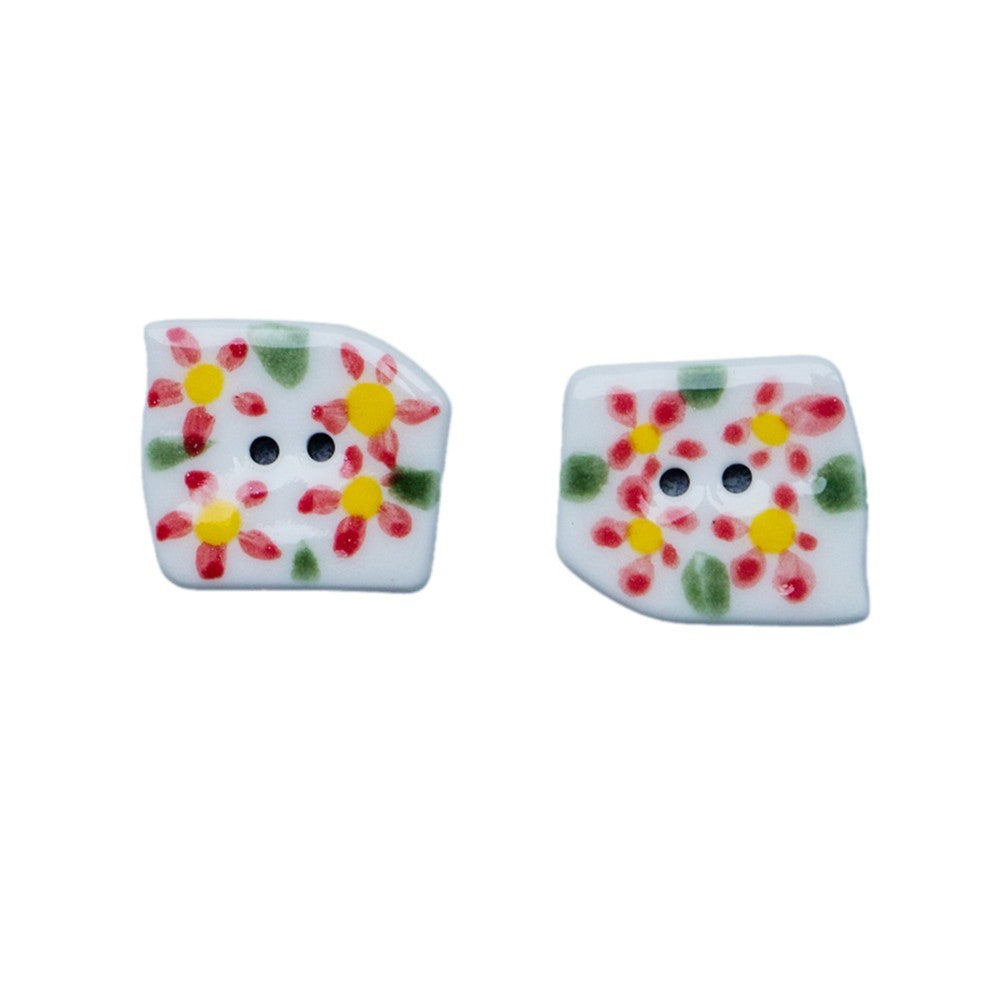 Bottoni in ceramica a forma di trapezio con 2 fori, dipinti a mano, con fiori e fiamme, 4 pezzi