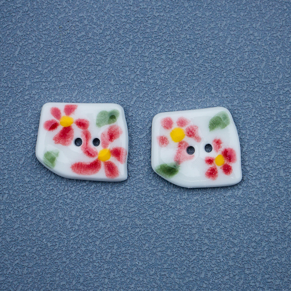 Bottoni in ceramica a forma di trapezio con 2 fori, dipinti a mano, con fiori e fiamme, 4 pezzi