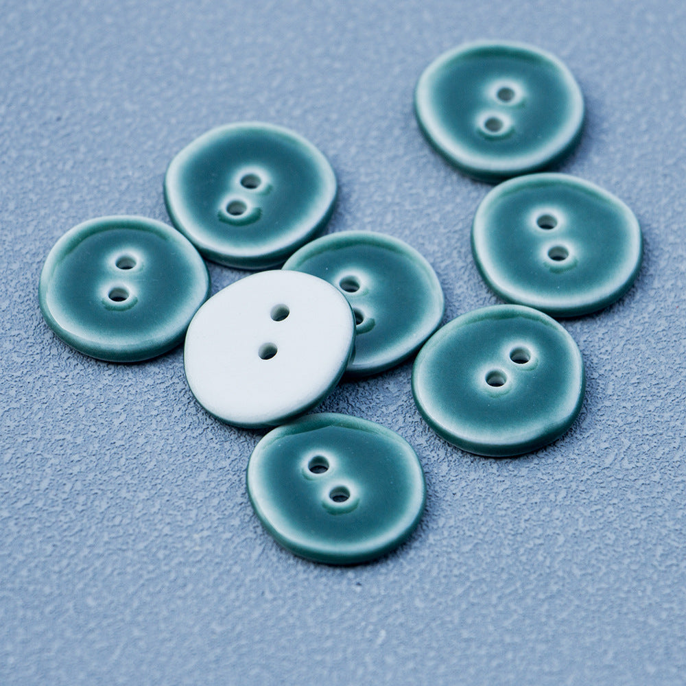 20mm Dark Green Irregular Round 2-Hole Ceramic Buttons for DIY Handmade Jewelry 10pcs