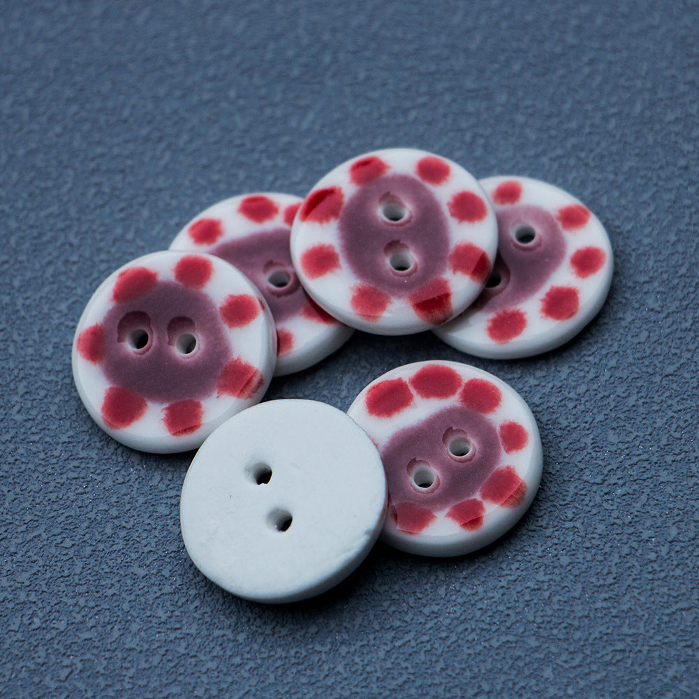 19.5mm Red-Dotted Round 2-Hole Handmade Ceramic Buttons 10pcs
