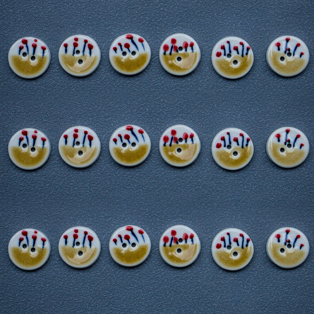 20mm Tea Yellow Small Red Flower Round 2 Hole Handmade Ceramic Buttons 4pcs
