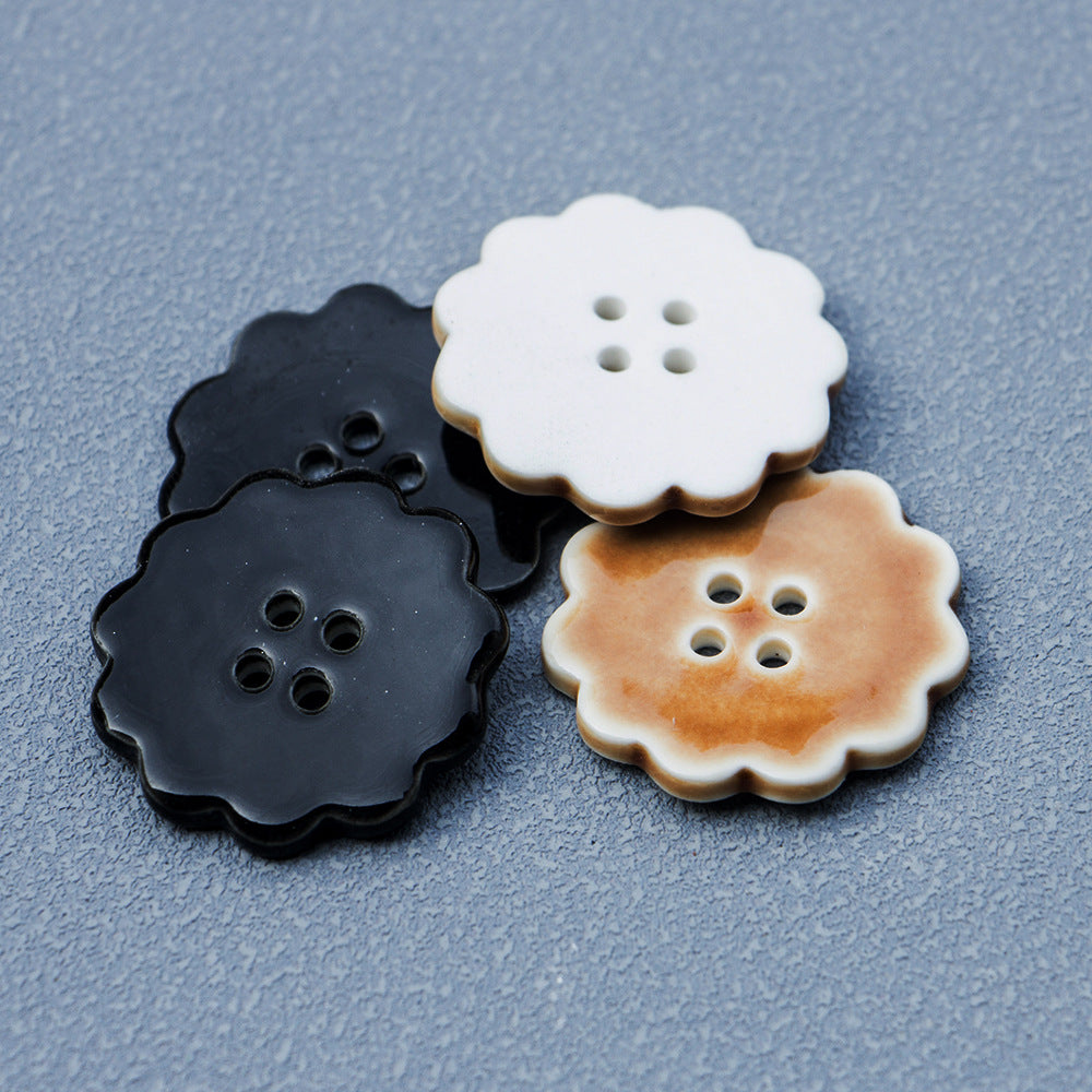 30mm Round Laced 4 Hole Black and Khaki Handmade Ceramic Buttons 6pcs