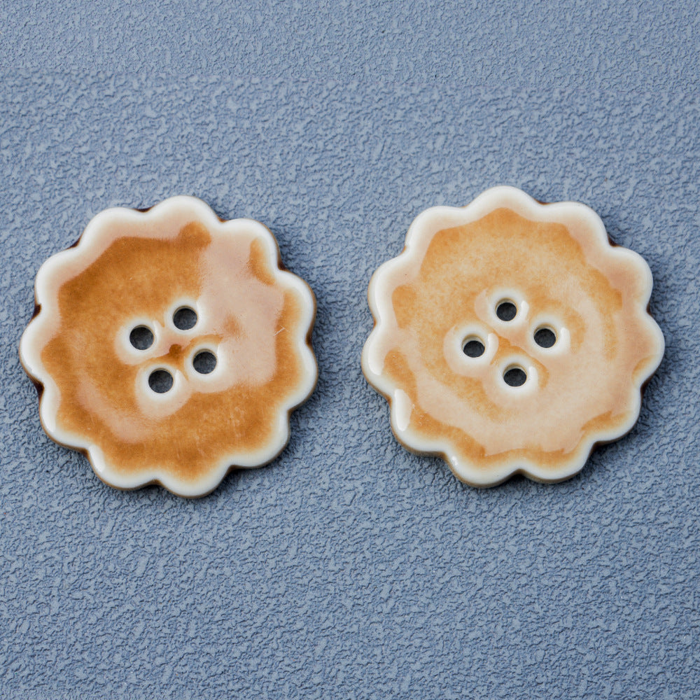 30mm Round Laced 4 Hole Black and Khaki Handmade Ceramic Buttons 6pcs