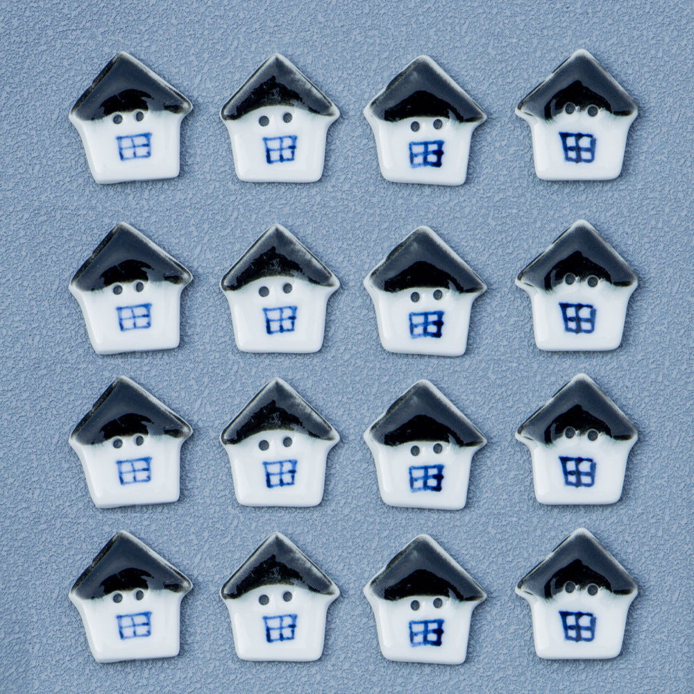 22mm Black and White Small House 2 Hole Hand Painted Ceramic Buttons 10pcs