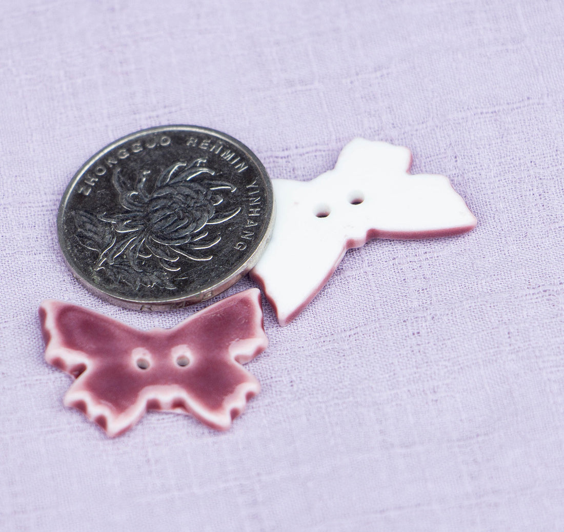 24mm Vintage Purple-Red Butterfly 2-Hole Handmade Ceramic Buttons 6pcs