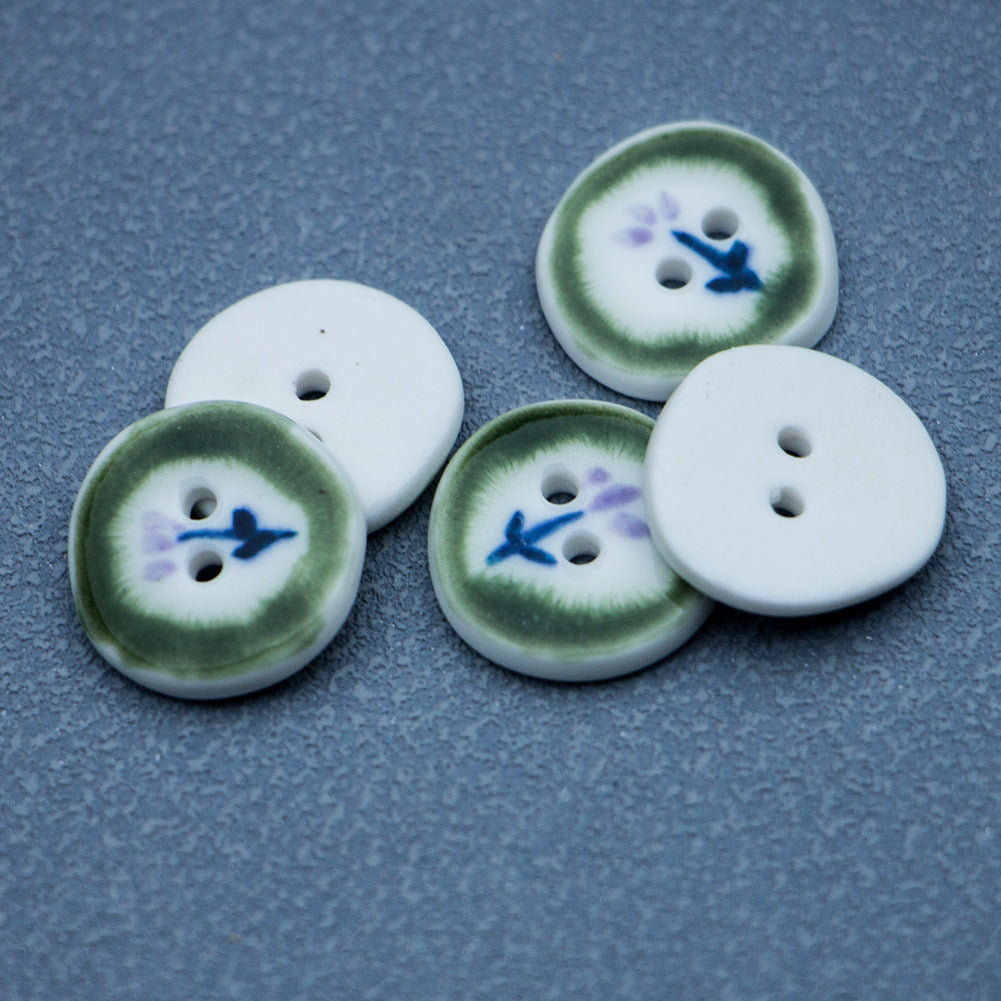20mm Irregular Round Green Flower Hand-Painted Ceramic Buttons 4pcs