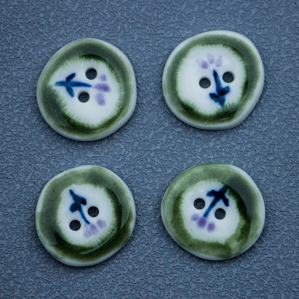 20mm Irregular Round Green Flower Hand-Painted Ceramic Buttons 4pcs