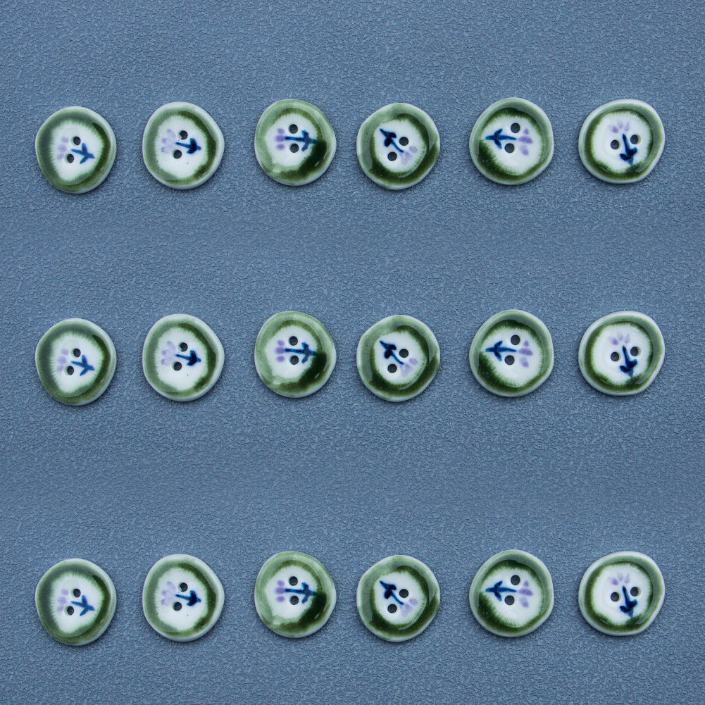 20mm Irregular Round Green Flower Hand-Painted Ceramic Buttons 4pcs