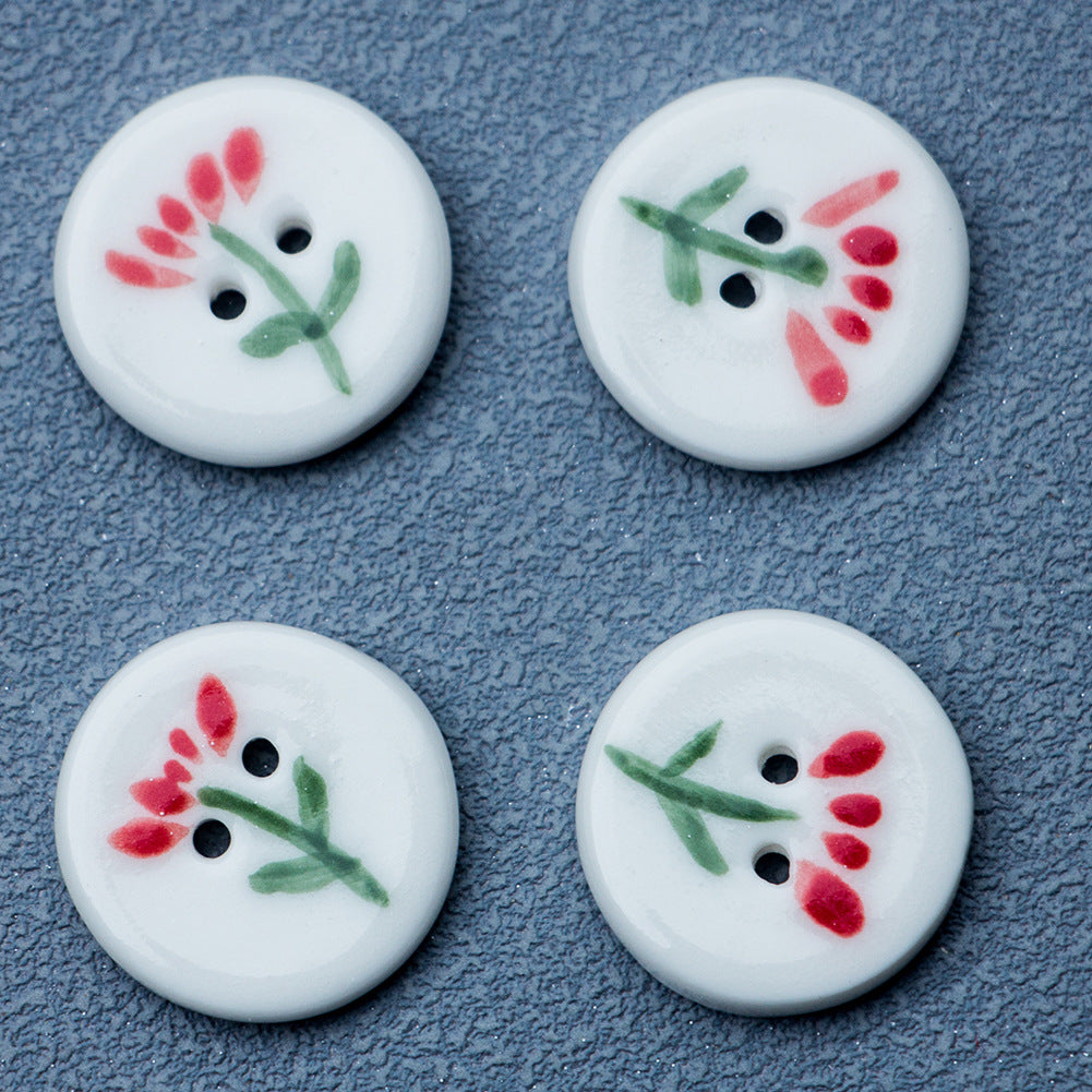 20mm Round White 2 Hole Ceramic Buttons with a Small Red Flower Design 4pcs