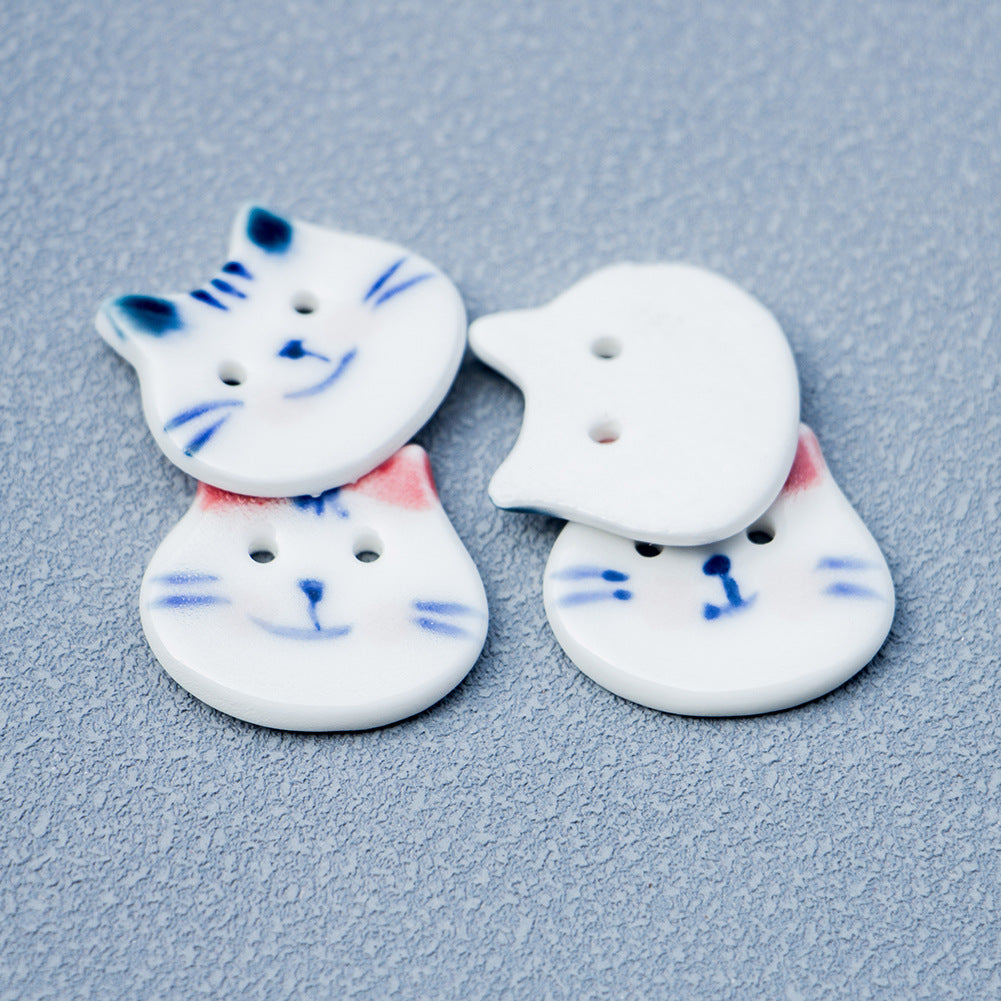 22mm Red/Blue Eared Hand-painted Blue and White Chubby-Faced Cat Ceramic Buttons 10pcs