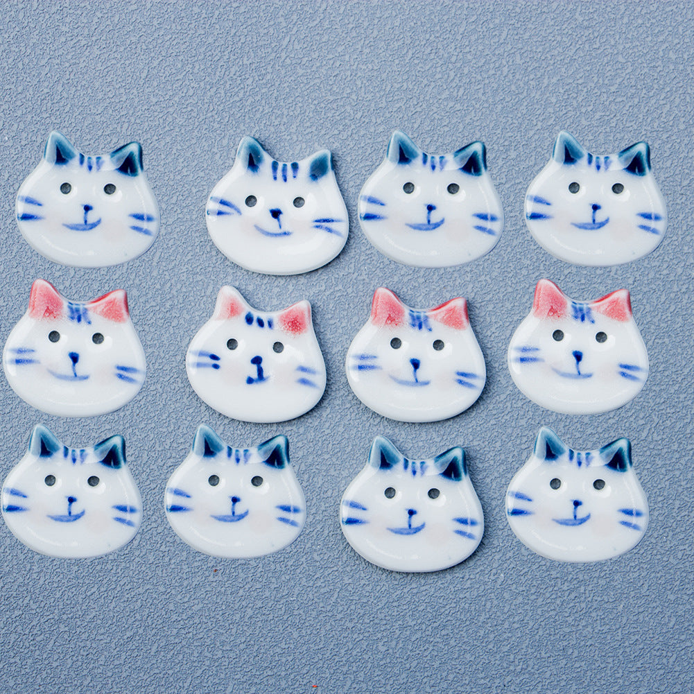 22mm Red/Blue Eared Hand-painted Blue and White Chubby-Faced Cat Ceramic Buttons 10pcs