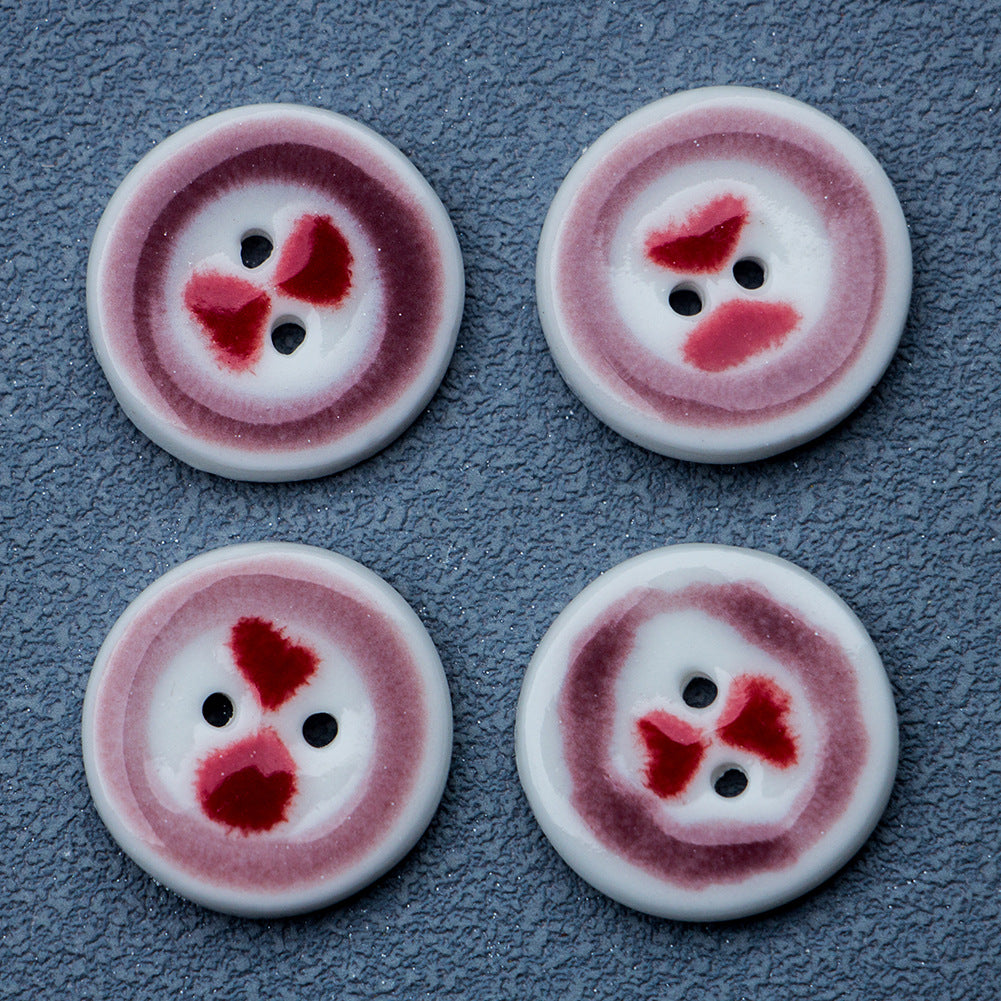20mm Red Heart Pattern Round 2 Hole Ceramic Buttons 10PCS