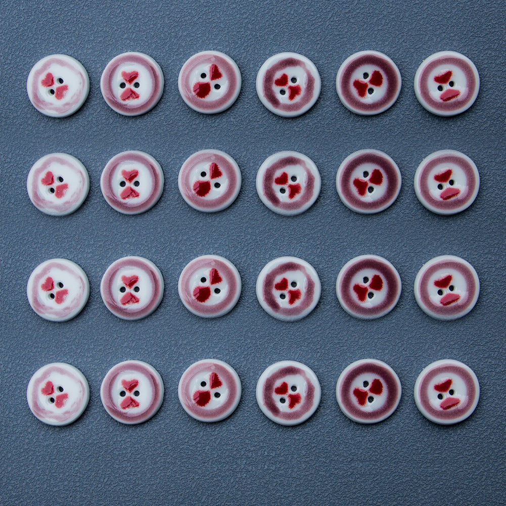 20mm Red Heart Pattern Round 2 Hole Ceramic Buttons 10PCS