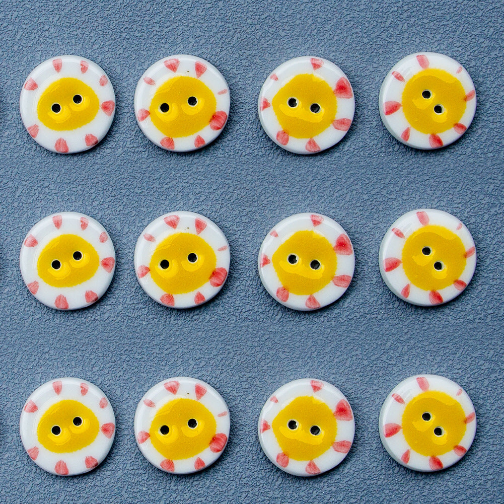 20mm Round 2-Hole Ceramic Buttons with Yellow Sun Pattern 6pcs