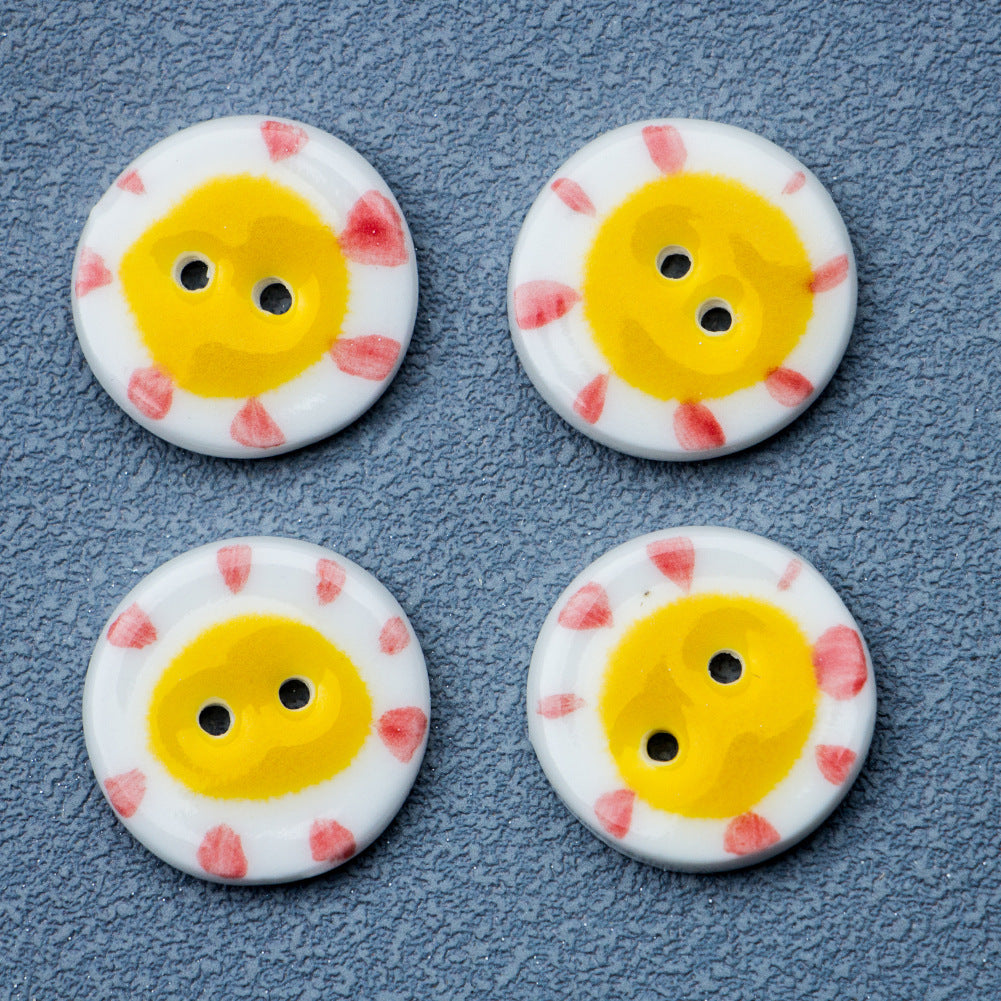 20mm Round 2-Hole Ceramic Buttons with Yellow Sun Pattern 6pcs