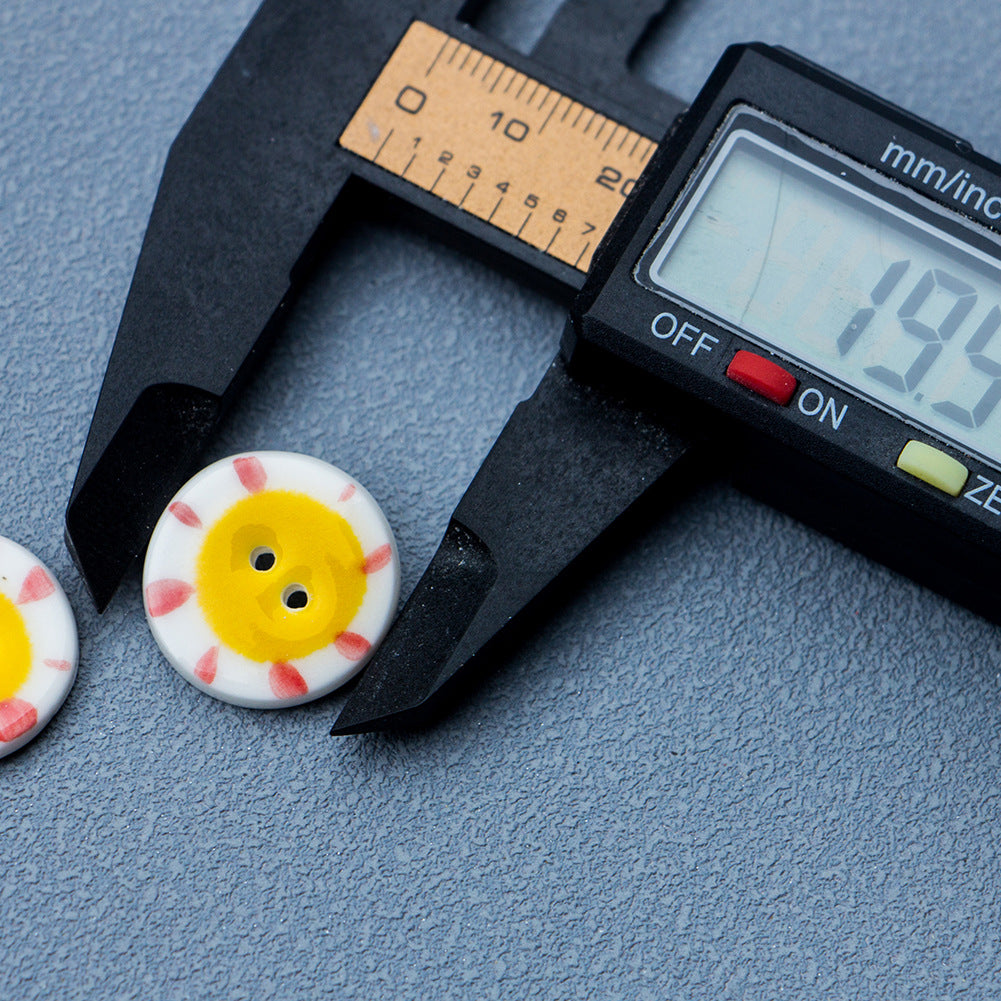 20mm Round 2-Hole Ceramic Buttons with Yellow Sun Pattern 6pcs