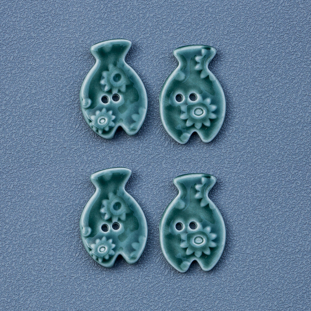 33mm Green Moss Colored Fish Shaped 2 Hole Ceramic DIY Buttons 6pcs