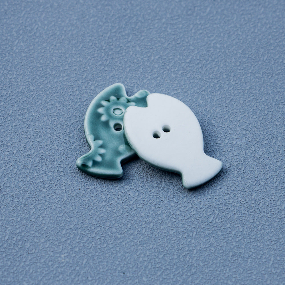 33mm Green Moss Colored Fish Shaped 2 Hole Ceramic DIY Buttons 6pcs