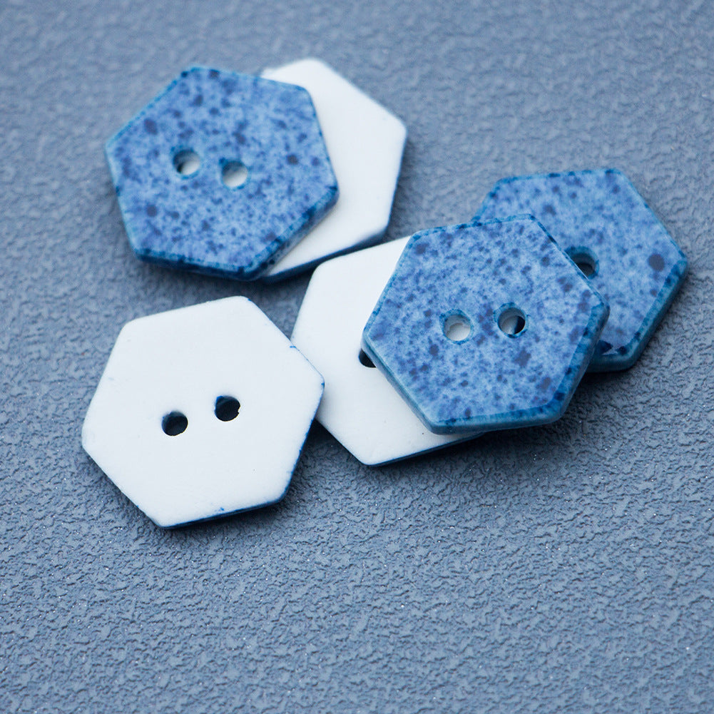 18mm Navy Blue Blue Hexagonal 2 Hole Handmade DIY Ceramic Buttons 6PCS