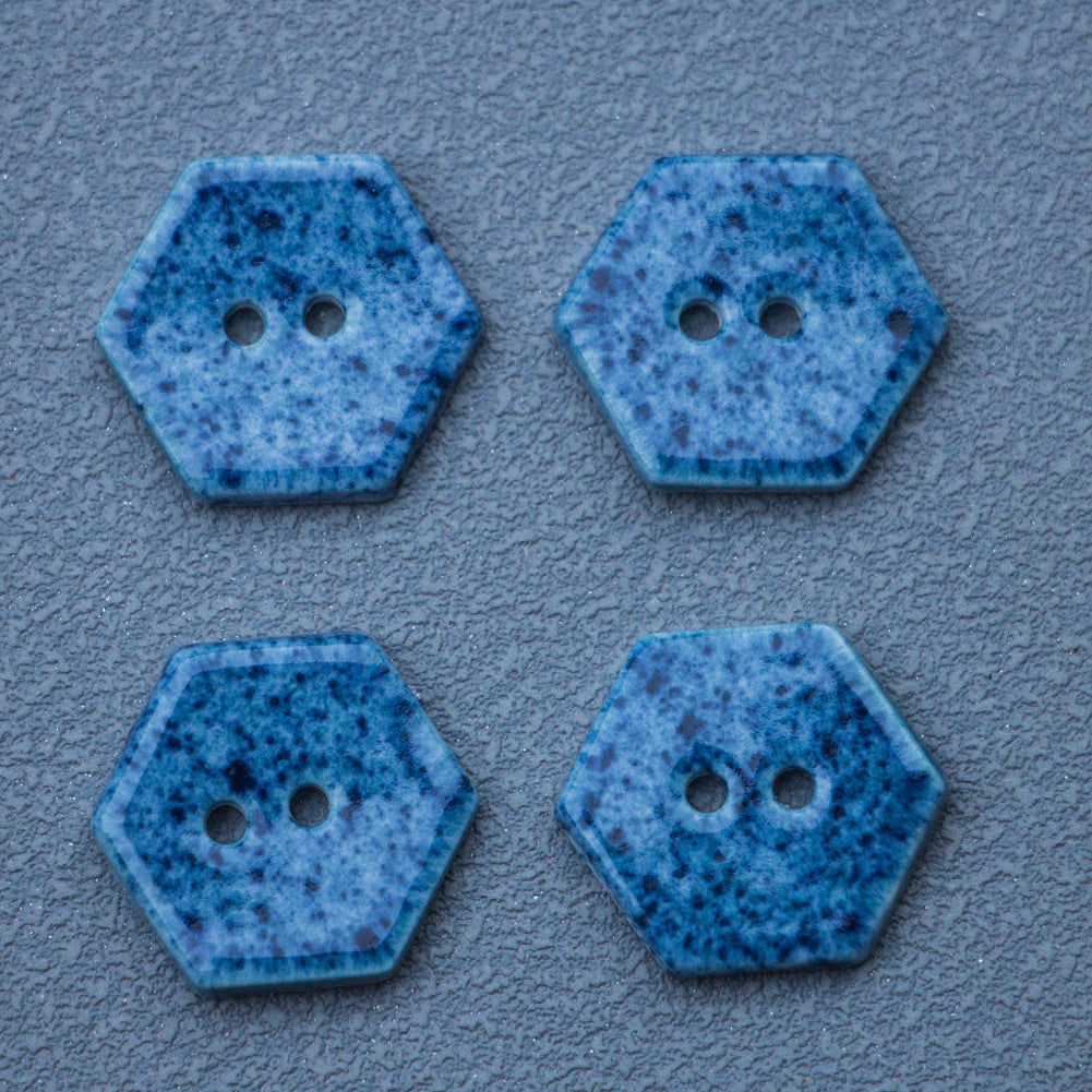 18mm Navy Blue Blue Hexagonal 2 Hole Handmade DIY Ceramic Buttons 6PCS