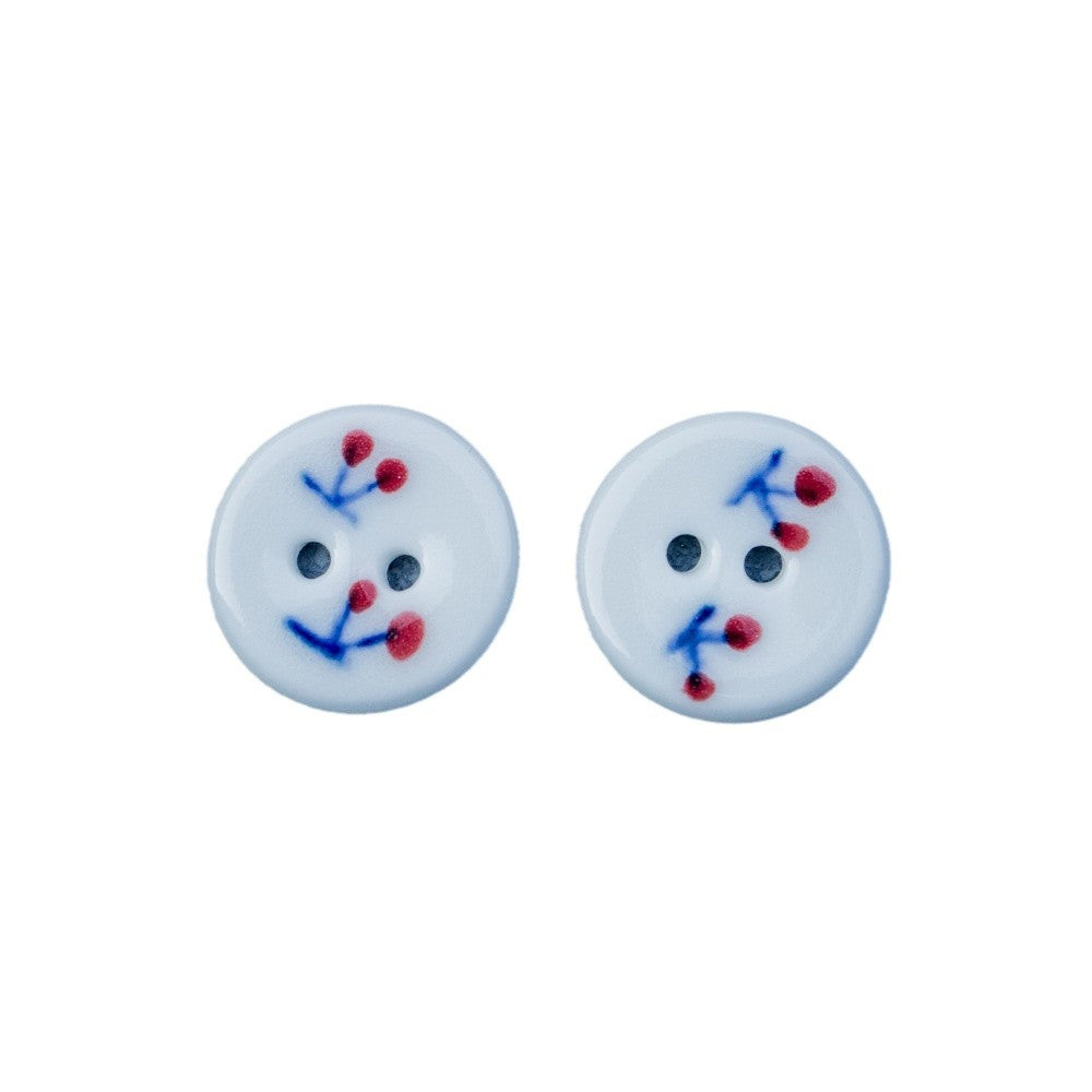 18mm Handmade Round 2-Hole Ceramic Buttons with Red Cherry Pattern 6PCS