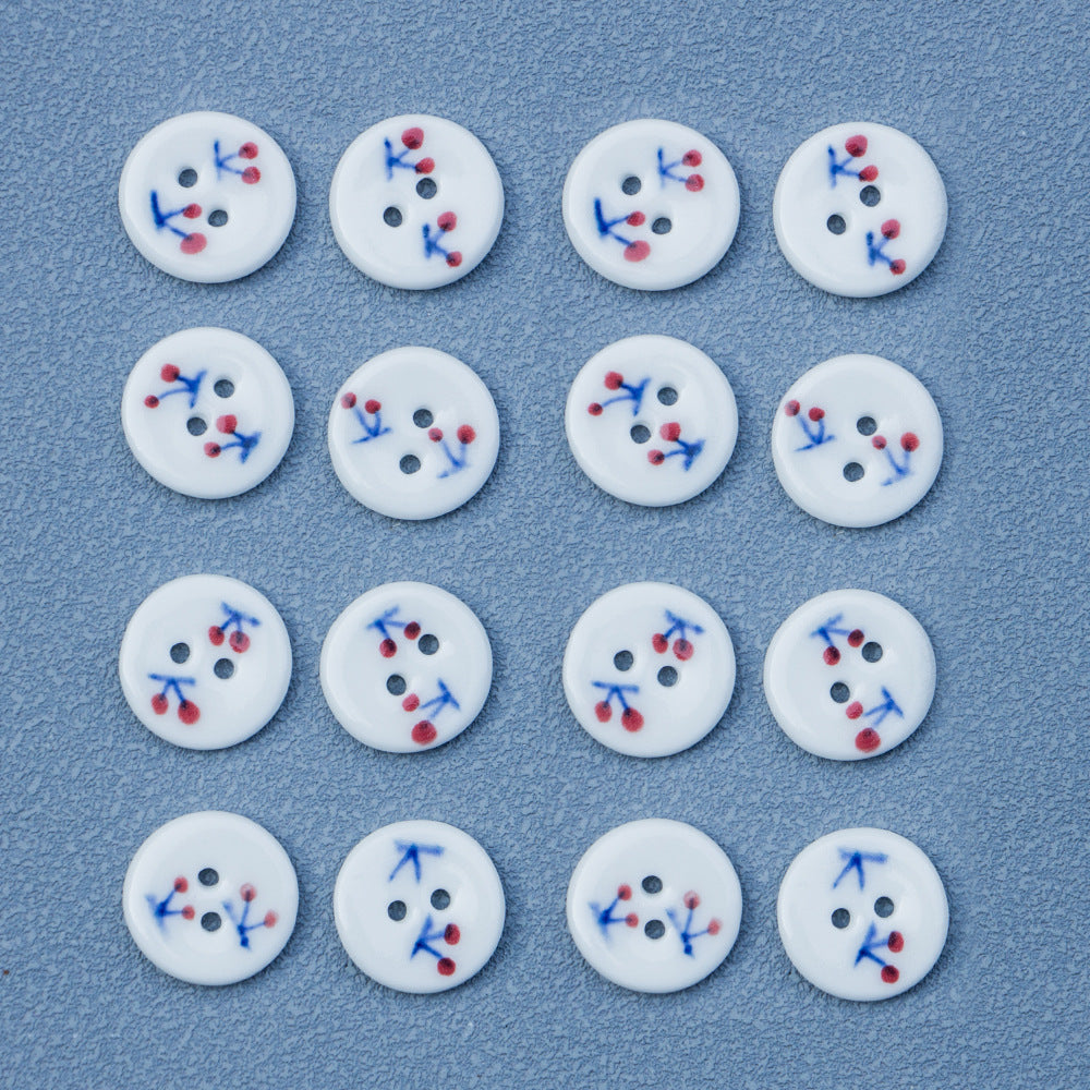 18mm Handmade Round 2-Hole Ceramic Buttons with Red Cherry Pattern 6PCS