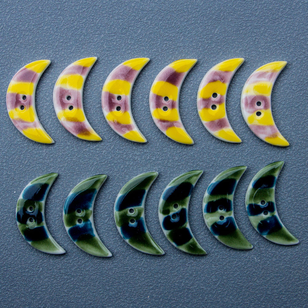 34mm Green Yellow Crescent-Shaped 2-Hole Ceramic Buttons for DIY Bracelets Necklaces 4pcs