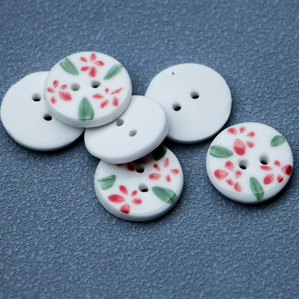 19.5mm Round 2 Hole Handmade Ceramic Buttons with Red Flowers 6PCS