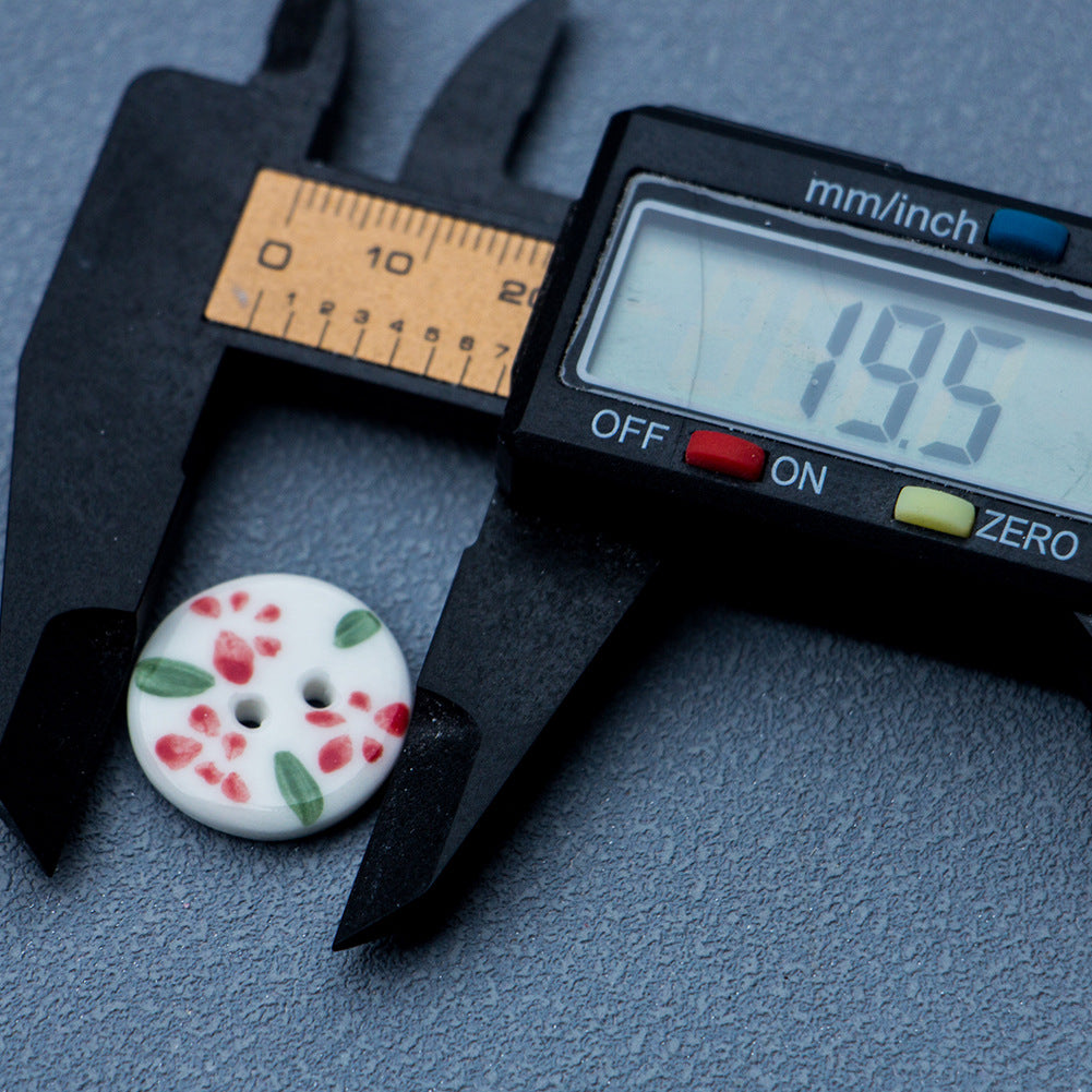 19.5mm Round 2 Hole Handmade Ceramic Buttons with Red Flowers 6PCS