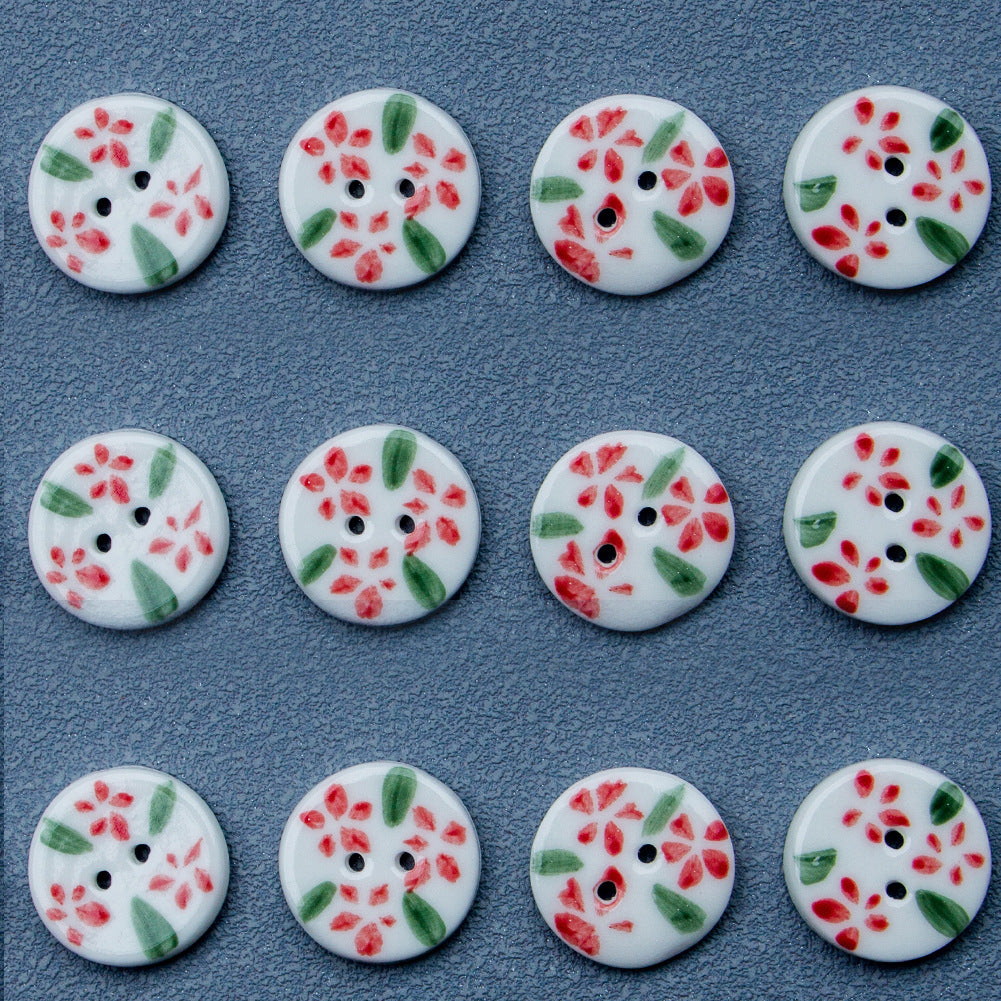 19.5mm Round 2 Hole Handmade Ceramic Buttons with Red Flowers 6PCS