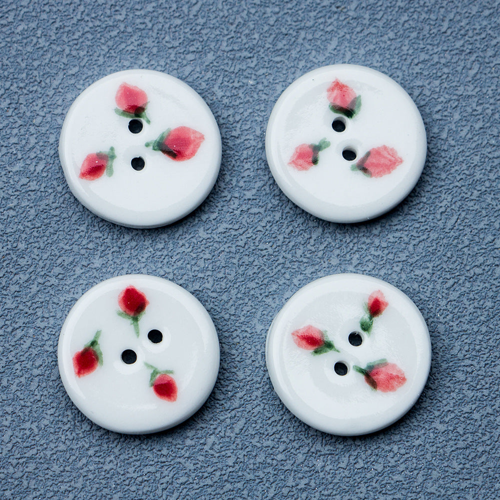 Round 2-Hole Ceramic Buttons with Hand-Painted Three Little Strawberries Pattern 6PCS