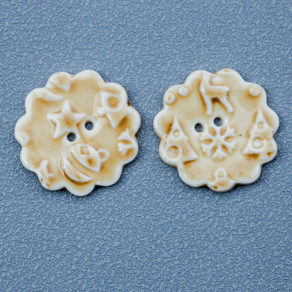 32mm Round 2-Hole Handmade DIY Ceramic Buttons with Snowflake Elk Pattern 6PCS