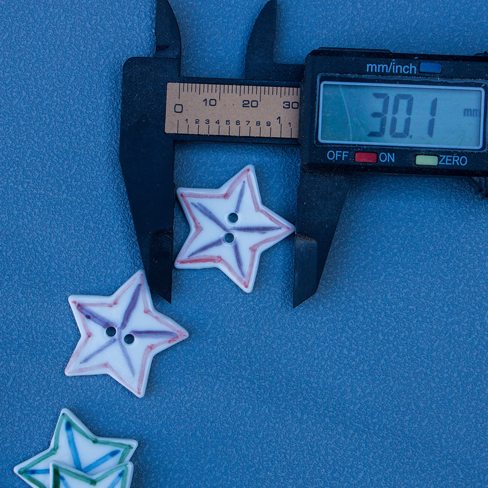 30mm Hand Painted Red Purple Matchstick Patterned Star-Shaped Ceramic Buttons 6pcs