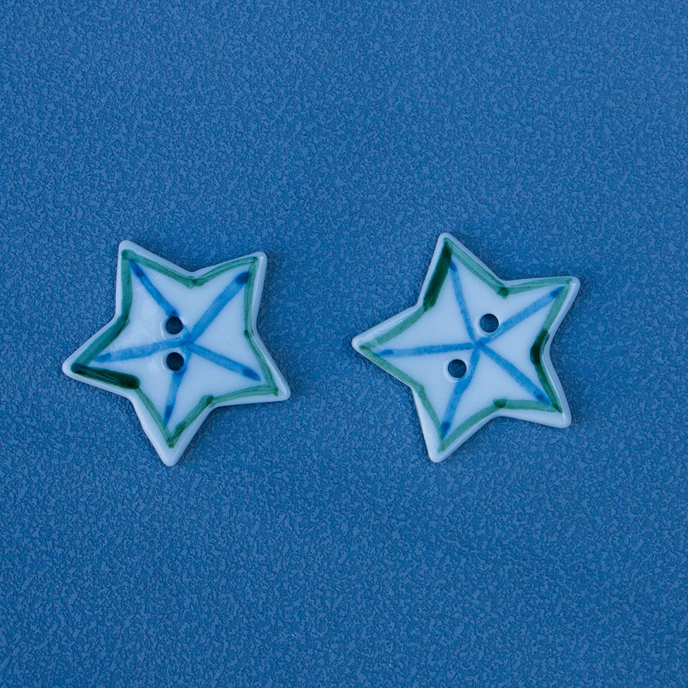 30mm Hand Painted Red Purple Matchstick Patterned Star-Shaped Ceramic Buttons 6pcs